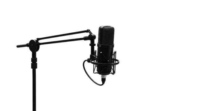 Studio condenser microphone mounted on articulated stand