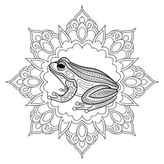 A line art mandala frog design of a coloring page 