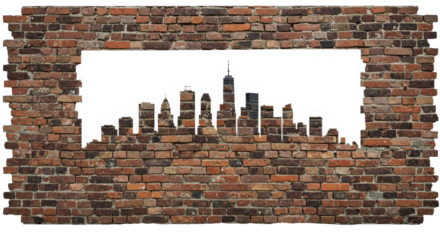 Urban skyline silhouetted through a brick facade