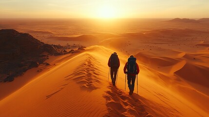Two hikers trek across a vast, sun-drenched desert landscape at sunset, symbolizing adventure and exploration.