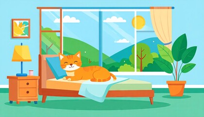 Peaceful sleeping orange cat resting on a soft bed inside a warm, cozy house. A heartwarming moment for International Cat Day.
