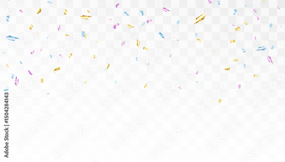 Poster falling shiny confetti particles with bright colorful glow on transparent background. element for fe
