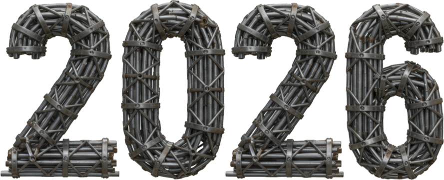 Industrial Metal Pipes 2026 Year Number Design Futuristic Abstract