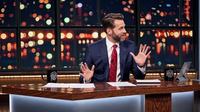 Male host presenting on stage with gestures during late-night show  