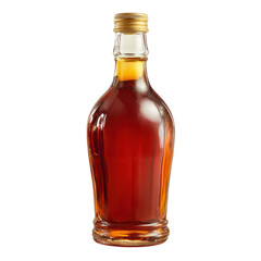 Elegant Glass Bottle of Dark Amber Liquid on a white background.