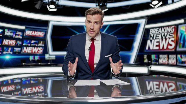 News anchor presenting breaking news from modern studio set  
