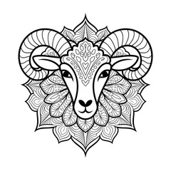A black and white mandala sheep head design illustration line art of a coloring page 