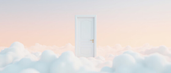 Surreal white door stands amidst fluffy clouds, creating dreamlike atmosphere that evokes curiosity and wonder