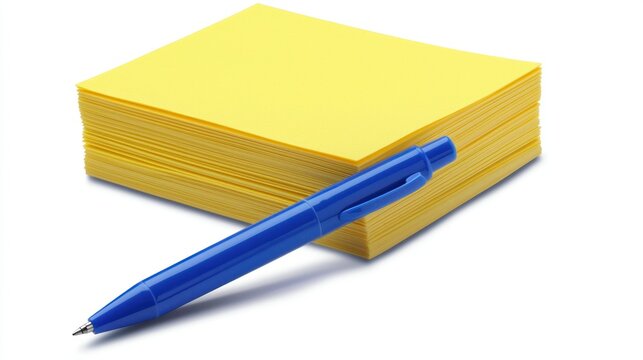 A small stack of sticky notes with a blue pen