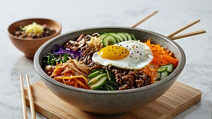 Savory Korean Bibimbap Bowl featuring vibrant vegetables,marinated beef,a fried egg,and fluffy rice a delicious and healthy meal option perfect for lunch or dinner