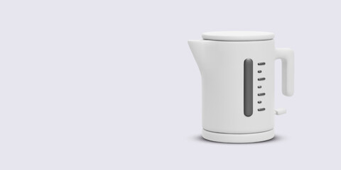 White Electric Kettle With Water Level Indicator On Light Background, Minimalist 3D Style For Kitchen Appliance, Home Comfort, Or Cooking Equipment Themes. Clean Design Element. Vector Illustration.