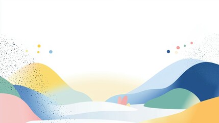 A modern abstract landscape composed of gently layered hills in vibrant pastel tones and artistic splatter dot effects on both sides.