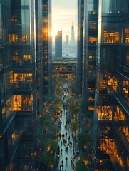 Modern city skyscrapers and a pedestrian walkway with many people