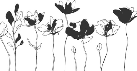 Floral pencil, Seamless pattern with botanic outline wildflower, branch, leaves. Charcoal grunge plants doodles set. Coal pencil floral sketches. Grunge flowers, leaves © appl