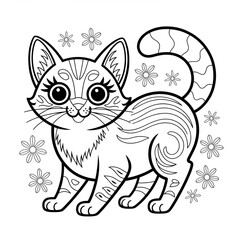 A black and white cat illustration line art of a coloring page 