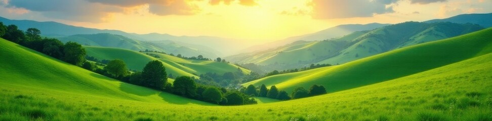 Sun-drenched valley, emerald green tones, rolling hills, scenic, tranquil