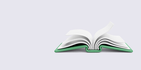 Open Book With Curved Pages In Minimal 3D Style, Floating On Light Background, Perfect For Education, Reading, Or Knowledge Concepts. Clean And Modern Vector Illustration
