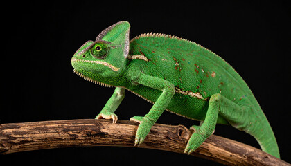Obraz premium Closeup image of green veiled chameleon perched on brown branch with black background showing detailed textured skin and sharp claws in natural pose