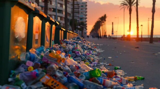 Overflowing Bins and Plastic Bottles by the Ocean