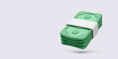 Bundle of dollar banknotes with white band, floating in air. Perfect for topics on finance, savings, earnings, banking, salary, and fintech. Realistic vector illustration with 3D soft design.