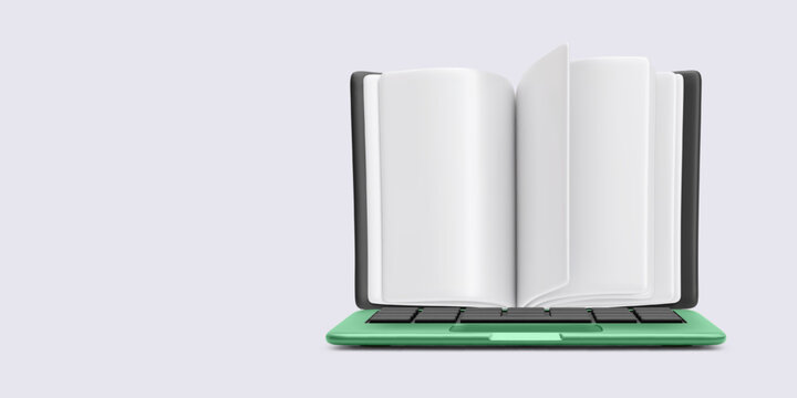 Open book placed vertically on laptop keyboard, symbolizing online learning and digital education. Vector illustration ideal for e-learning, virtual classes, academic resources, and knowledge sharing.