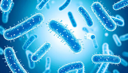 Bacteria Lactobacillus probiotic medical background with blue microscopic view of rod shaped microorganisms floating in light, showing detailed cell structure and surface features