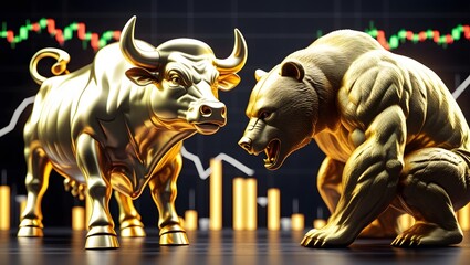 Golden Bull and Bear Statues with Stock Market Chart Background