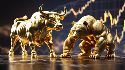 Golden Bull and Bear Statues with Stock Market Chart Background, Symbol of Financial Market Trends, Investment, and Trading