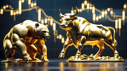 Golden Bull and Bear Statues with Stock Market Chart Background, Symbol of Financial Market Trends, Investment, and Trading