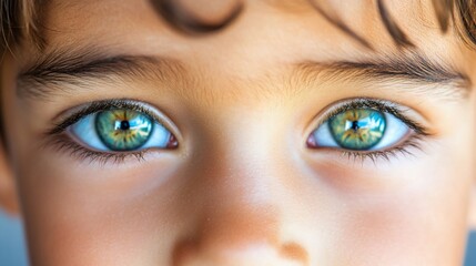 Obraz premium Close-up of a child's face highlighting their vibrant, bright, green-blue eyes