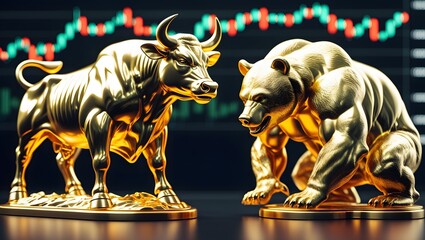 Golden Bull and Bear Statues with Stock Market Chart Background, Symbol of Financial Market Trends, Investment, and Trading