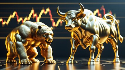 Golden Bull and Bear Statues with Stock Market Chart Background, Symbol of Financial Market Trends, Investment, and Trading
