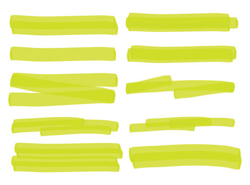 Hand Drawn Yellow-Green Marker Strokes, Sharpie Brush Pen Highlights, Scribble Doodle Lines, and Vector Text Underlines