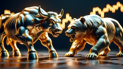 Golden Bull and Bear Statues with Stock Market Chart Background
