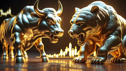 Golden Bull and Bear Statues with Stock Market Chart Background, Symbol of Financial Market Trends, Investment, and Trading