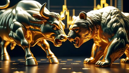 Golden Bull and Bear Statues with Stock Market Chart Background