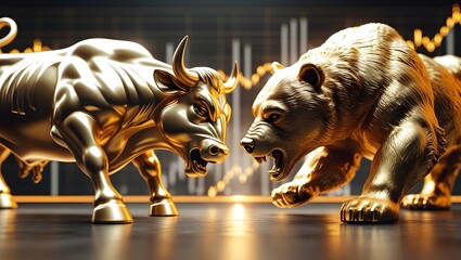 Golden Bull and Bear Statues with Stock Market Chart Background