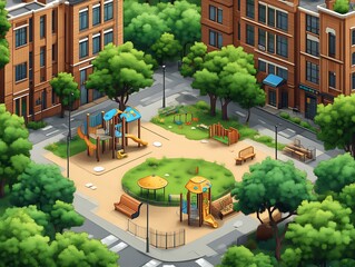 An illustrated image shows an urban playground surrounded by buildings and trees