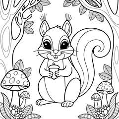 A black and white squirrel illustration line art of a coloring page 