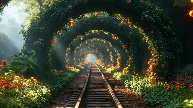 Scenic railroad tunnel floral pathway footage