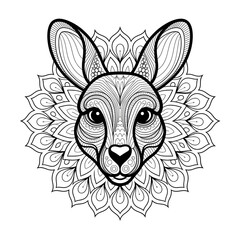 A line art mandala kangaroo head design illustration of a coloring page 