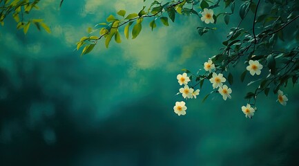 Delicate white flowers on teal branches