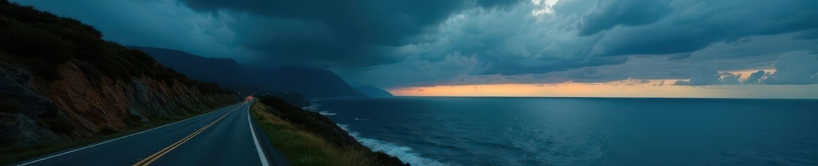 Obraz premium Dark, brooding clouds amass over a winding coastal road , landscape, coastal highway
