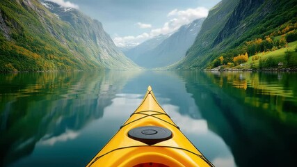 Kayaking Through Scenic Fjords  Kayak adventure fjord view, kayak travel fjord scene, kayak journey fjord exploration kayak adventure fjord travel peaceful nature
