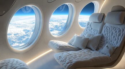 Futuristic, spacious, and comfortable seating arrangement with panoramic views of Earth from a high-altitude aircraft.  Interior design highlights the smooth curves and large windows of the craft