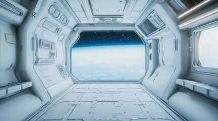 White spaceship corridor with Earth view
