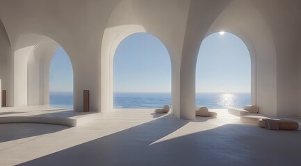 Modern coastal architecture with arched windows overlooking the ocean