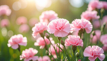 Fototapeta premium 野原に咲くピンクのカーネーションの優しい風景、春のイメージ写真 Gentle Spring Scene with Pink Carnations Blooming in a Field 