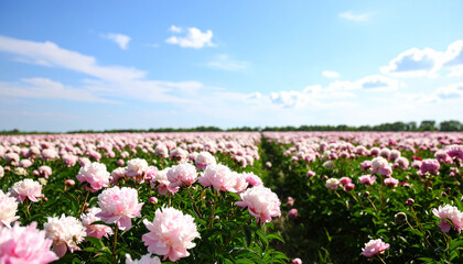 明るい空に広がる芍薬畑の風景、春の素材  
Peony Field under a Bright Sky, Spring Stock Image
