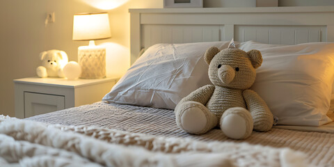 Cozy Bedroom Scene background with Soft Teddy Bear on Neatly Made Bed and Warm Bedside Lamp Light

